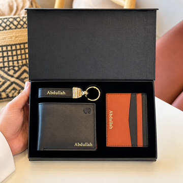 Leather Wallet & Card Holder Gift Set – Black & Orange