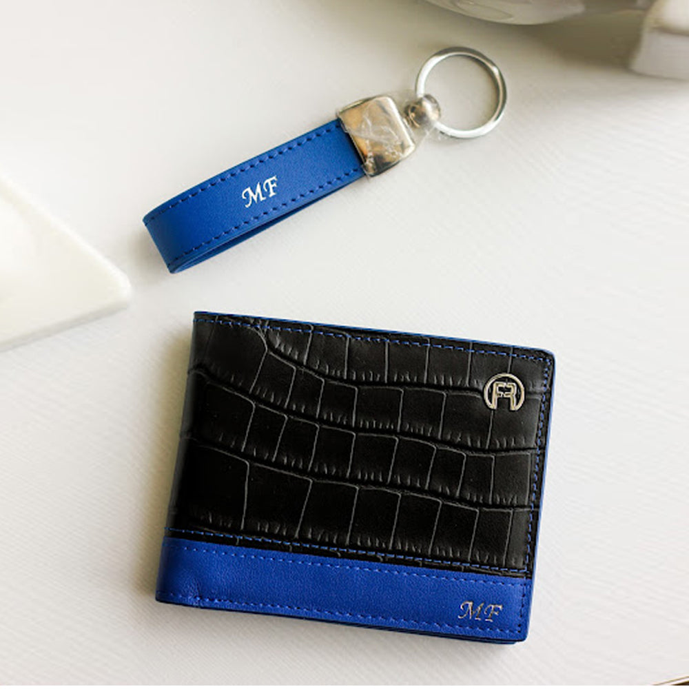 Black croco and Blue - Set of Two(Wallet+Keyholder)